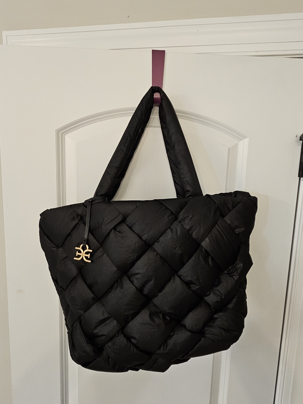 Sam Edelman Black Quilted Puffer Tote with Gold Logo Charm